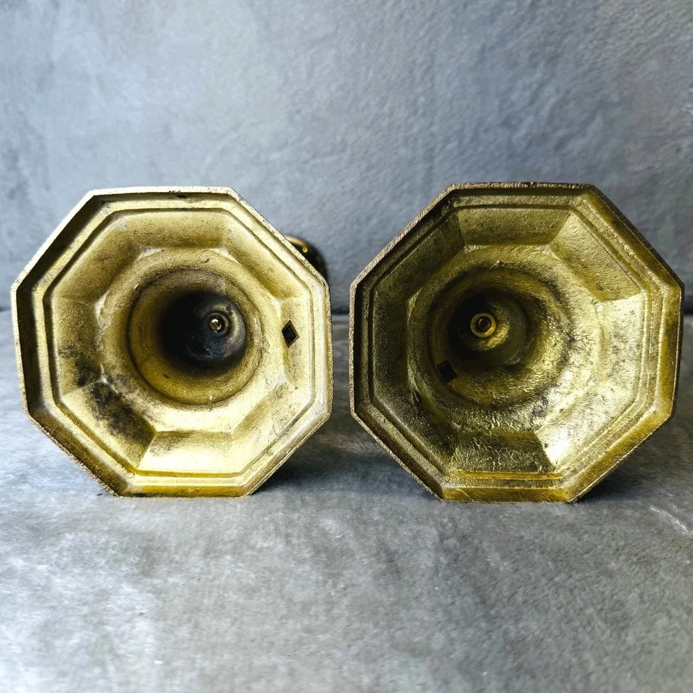 Vtg. Brass Candlesticks Pair 12 Inch Altar Hexagon Base Baluster Stem India Gold